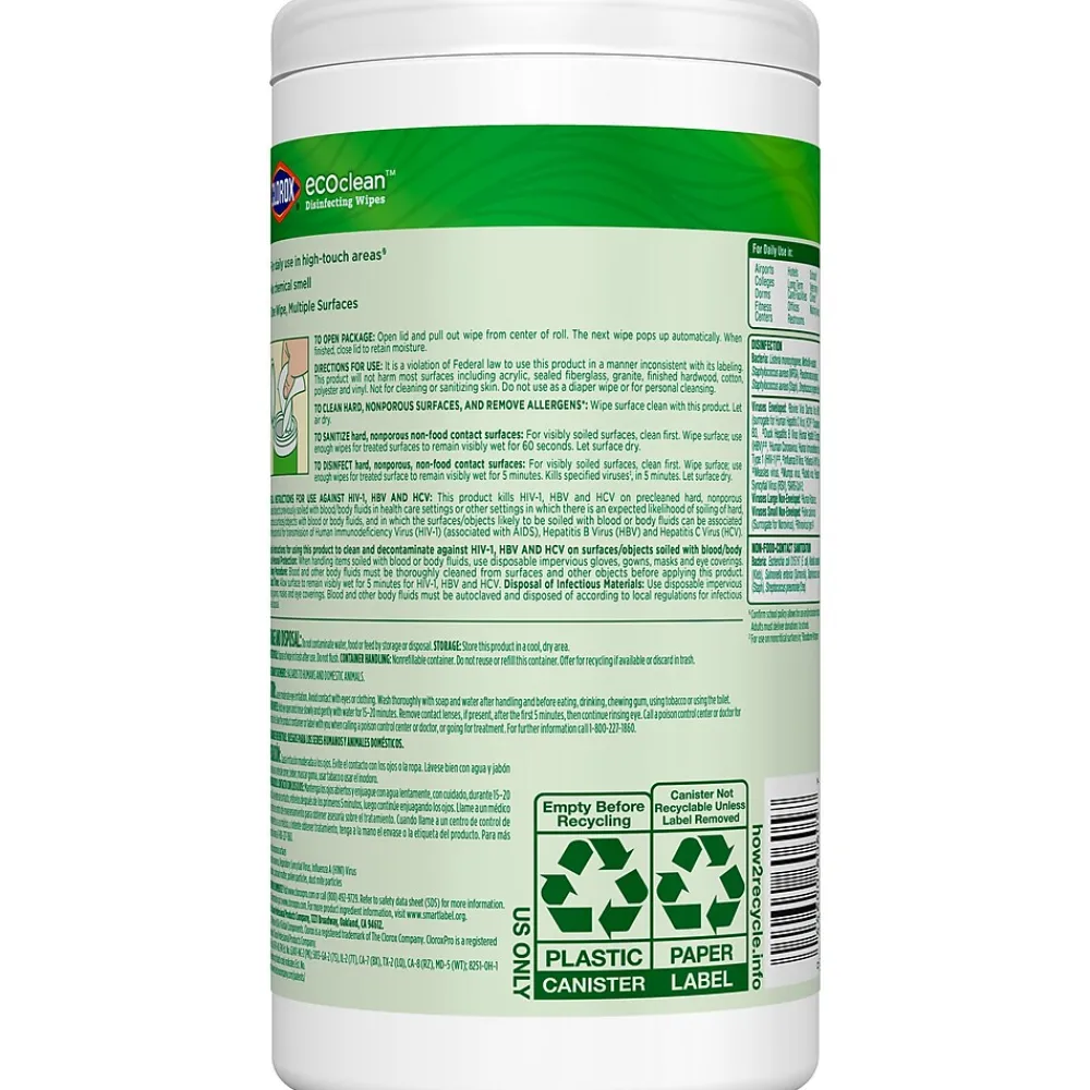 EcoClean Disinfecting Wipes, 75 Wipes/Container (60605)<Clorox Hot
