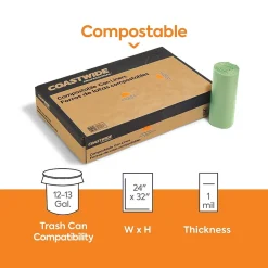 ™ 12-13 Gallon Compostable Bag, 24" x 32", Low Density, 1 Mil, Green, 200 Bags/Box (CW62405)<Coastwide Professional New