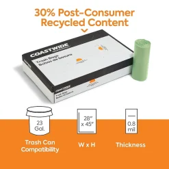 ™ 23 Gallon Trash Bag with 30% PCR, 28" x 45", Low Density, 0.8 mil, Green, 250 Bags/Box (CW62411)<Coastwide Professional New