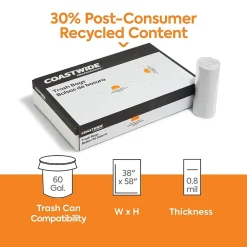 ™ 60 Gallon Trash Bag with 30% PCR, 38" x 58", Low Density, 0.8 mil, Clear, 100 Bags/Box (CW62413)<Coastwide Professional Best