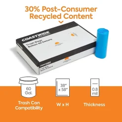 ™ 60 Gallon Trash Bag with 30% PCR, 38" x 58", Low Density, 0.8 mil, Blue, 100 Bags/Box (CW62414)<Coastwide Professional Outlet