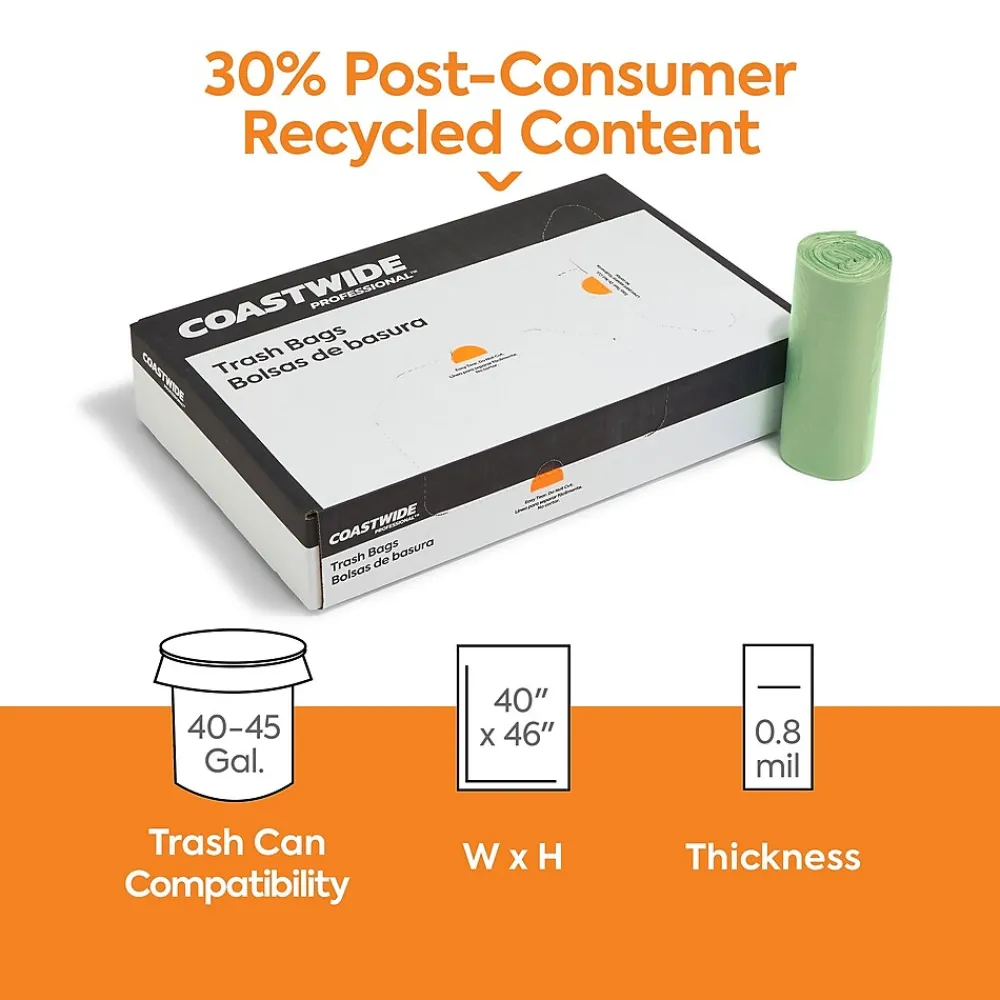 ™ 40-45 Gallon Trash Bag with 30% PCR, 40" x 46", Low Density, 0.8 mil, Green, 150 Bags/Box (CW62417)<Coastwide Professional Online