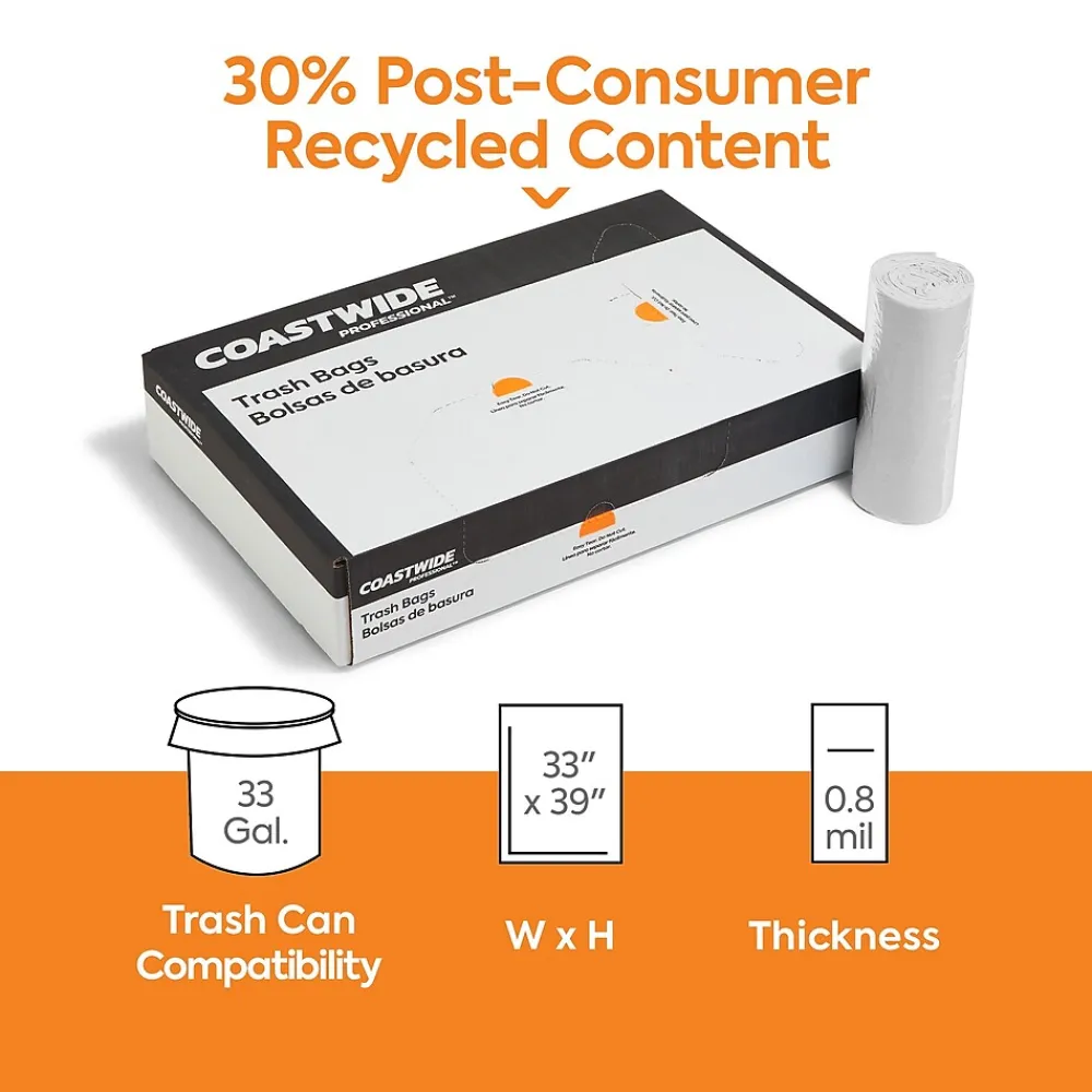 ™ 33 Gallon Trash Bag with 30% PCR, 33" x 39", Low Density, 0.8 mil, Clear, 200 Bags/Box (CW62420)<Coastwide Professional
