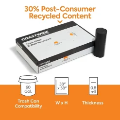 ™ 60 Gallon Trash Bag with 30% PCR, 38" x 58", Low Density, 0.8 mil, Black, 100 Bags/Box (CW62425)<Coastwide Professional Clearance