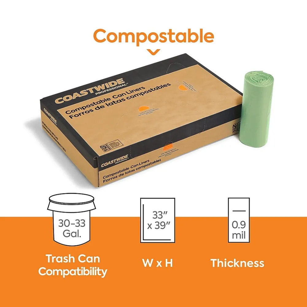 ™ 30-33 Gallon Compostable Bag, 33" x 39", Low Density, 0.9 Mil, Green, 200 Bags/Box (CW62402)<Coastwide Professional Outlet