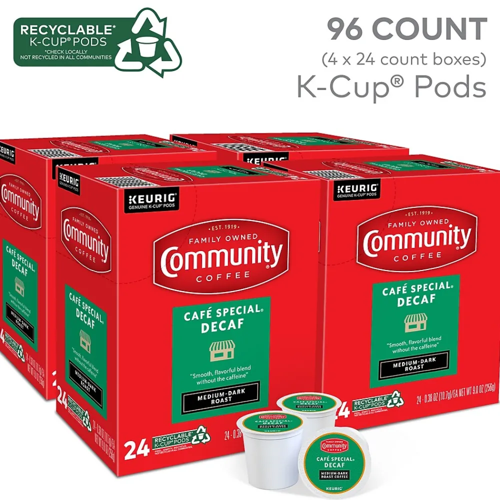 Community Coffee Cafe Special Decaf Coffee, Keurig K-Cup Pod, Medium-Dark Roast, 96/Carton (5000374327CT)