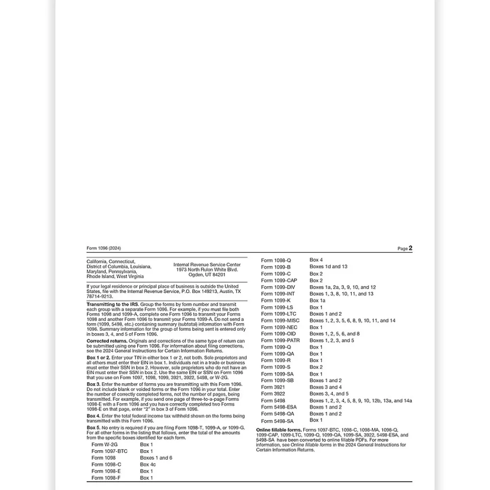 Tax Forms*ComplyRight 2024 1096 Tax Form, 1-Part, Transmittal, 25/Pack (510025)