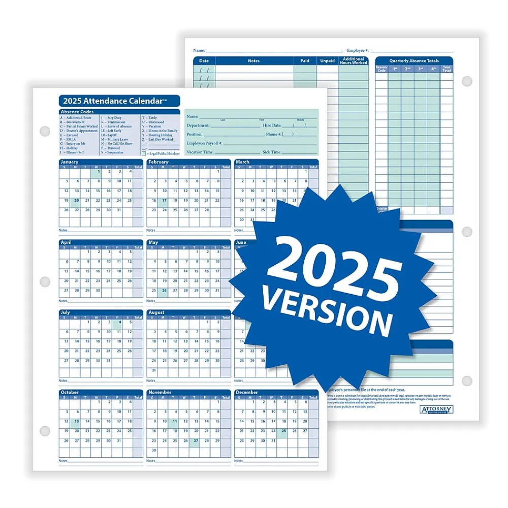 Hr Forms*ComplyRight 2025 Attendance Calendar Set, 25 Forms/Pack (A1411W16PK25)