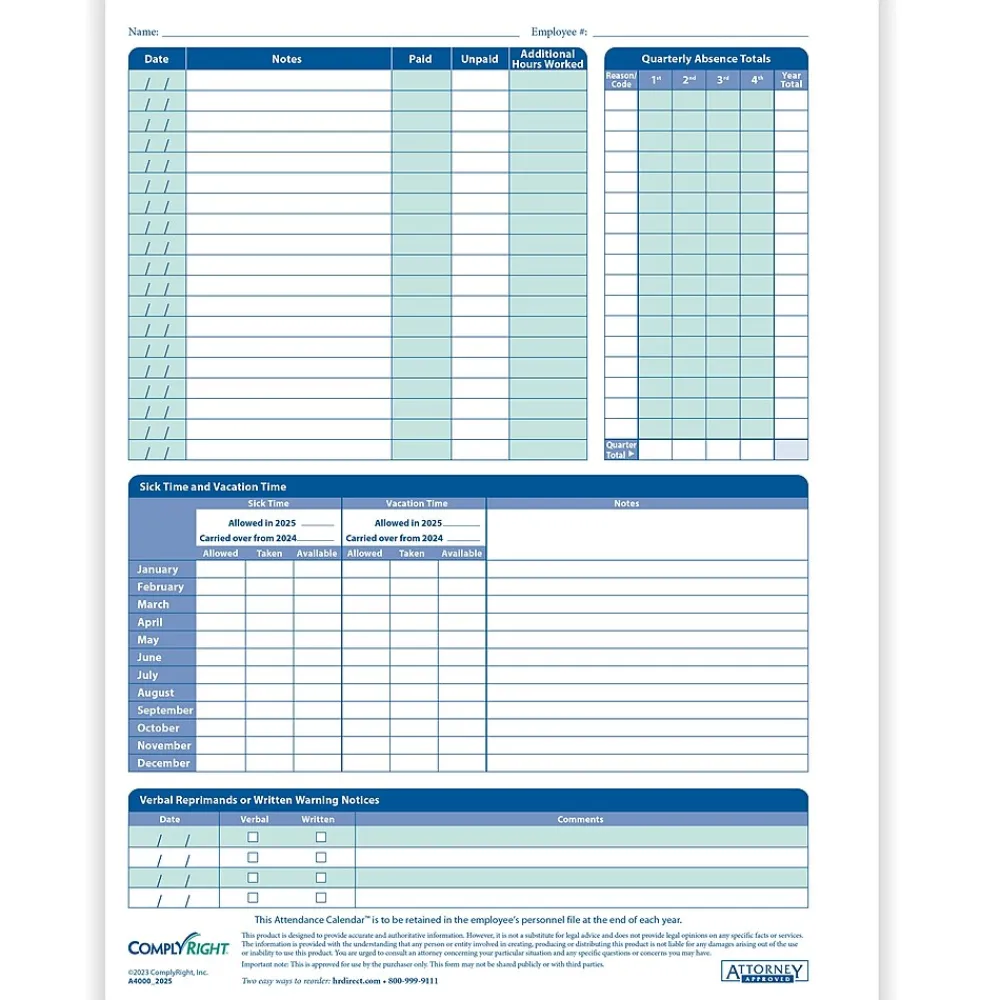 Hr Forms*ComplyRight 2025 Attendance Calendar Card, 25 Forms/Pack (A4000W25)