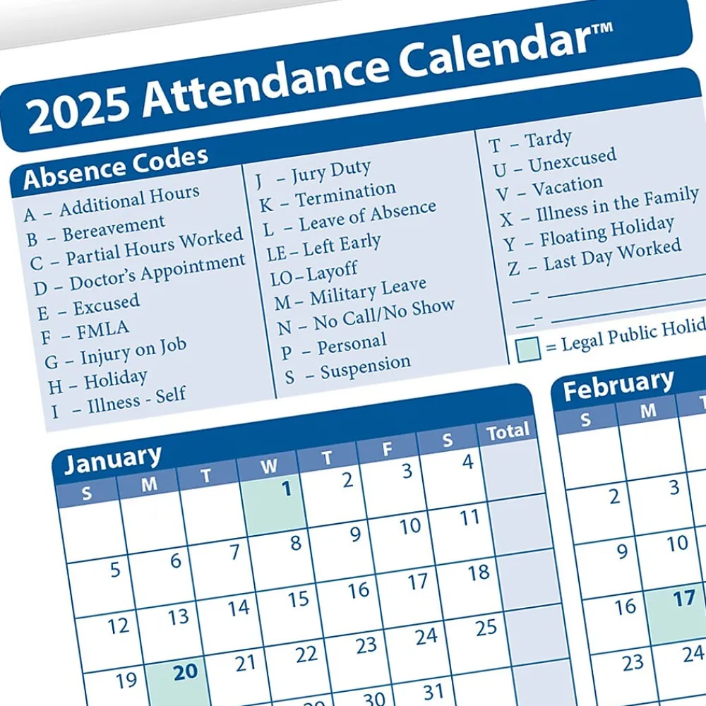 Hr Forms*ComplyRight 2025 Attendance Calendar Card, 25 Forms/Pack (A4000W25)