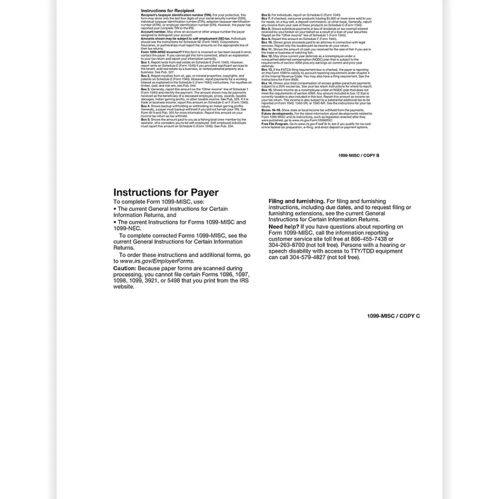 Tax Forms*ComplyRight 2024 1099-MISC Tax Form, 1-Part, 3-Up, Recipient Blank, 50/Pack (517350)