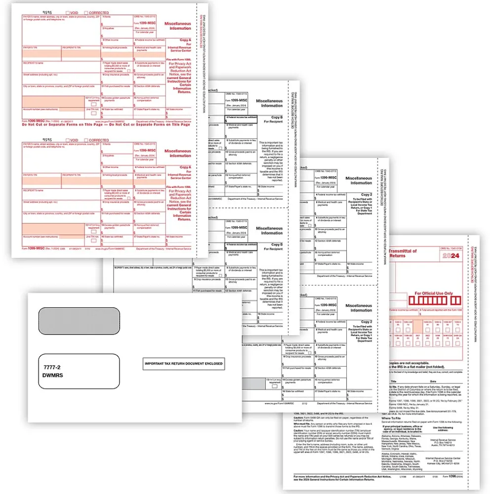Tax Forms*ComplyRight 2024 1099-MISC Tax Form Envelopes, 3-Part, 2-Up, Copy A, B, C/2, 1096 Transmittal, 25/Pack (6103E25)