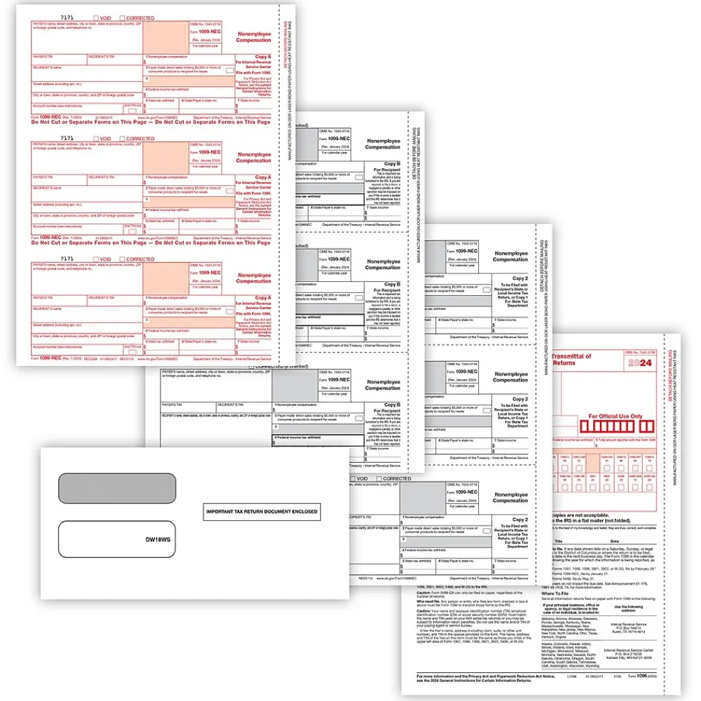 Tax Forms*ComplyRight 2024 1099-NEC Tax Form 50 self-seal envelopes, 4-Part, 3-Up, Copy A, B, C/2, 1096 Transmittal, 50/Pack (NEC6103E)