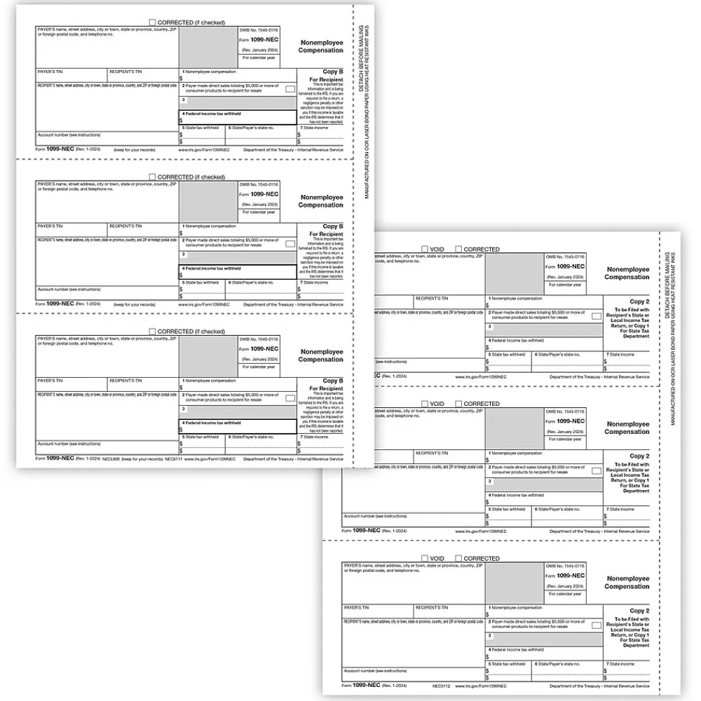 Tax Forms*ComplyRight 2024 1099-NEC Tax Form Recipient Copy Only, 3-Part, 3-Up, Copy B, C/2, 25/Pack (NEC611325)
