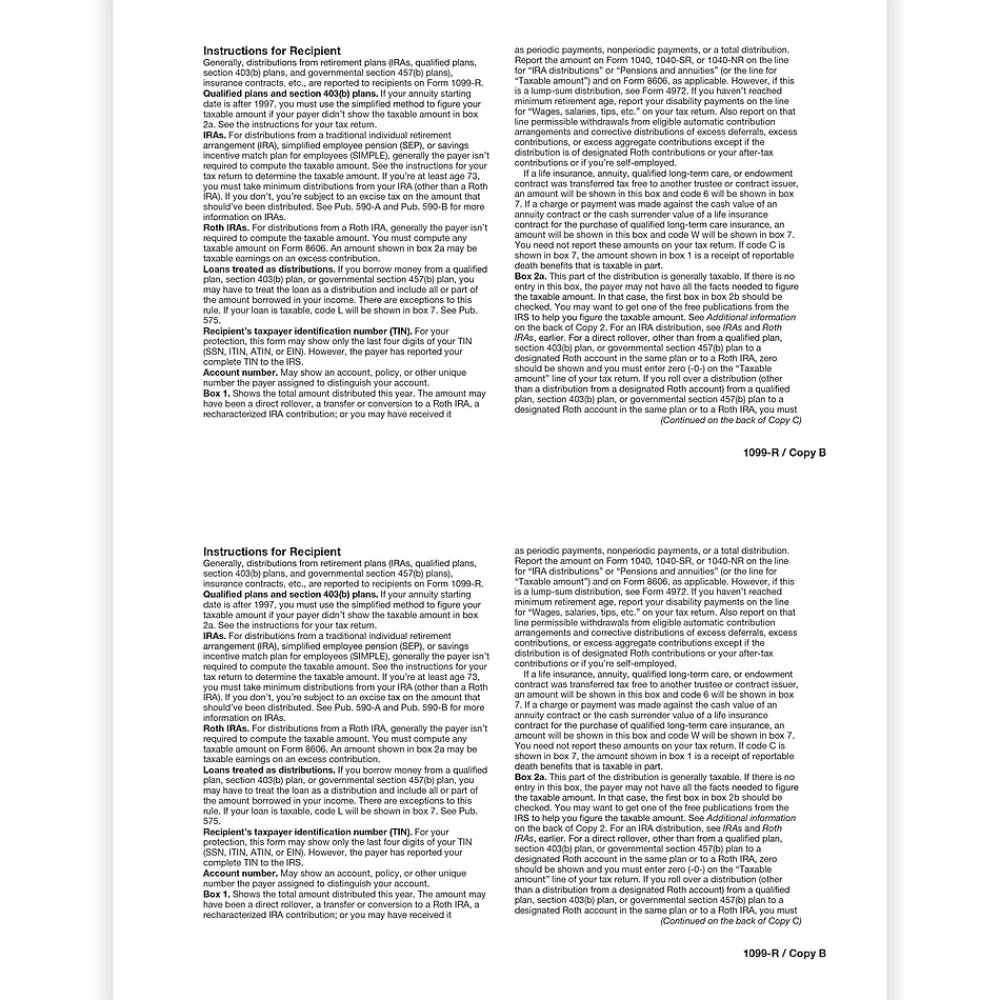 Tax Forms*ComplyRight 2024 1099-R Tax Form, 1-Part, 2-Up, Recipient Copy B, 50/Pack (514150)