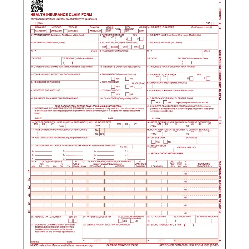 Medical Forms*ComplyRight ™ CMS-1500 Health Insurance Claim Form 02/12 Laser-Cut Sheet, 500/Box