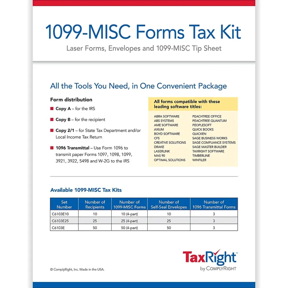 Tax Forms*ComplyRight TaxRight 2024 1099-MISC Tax Form Tax Form Set with Envelopes, 4-Part, 25/Pack (SC6103E25)
