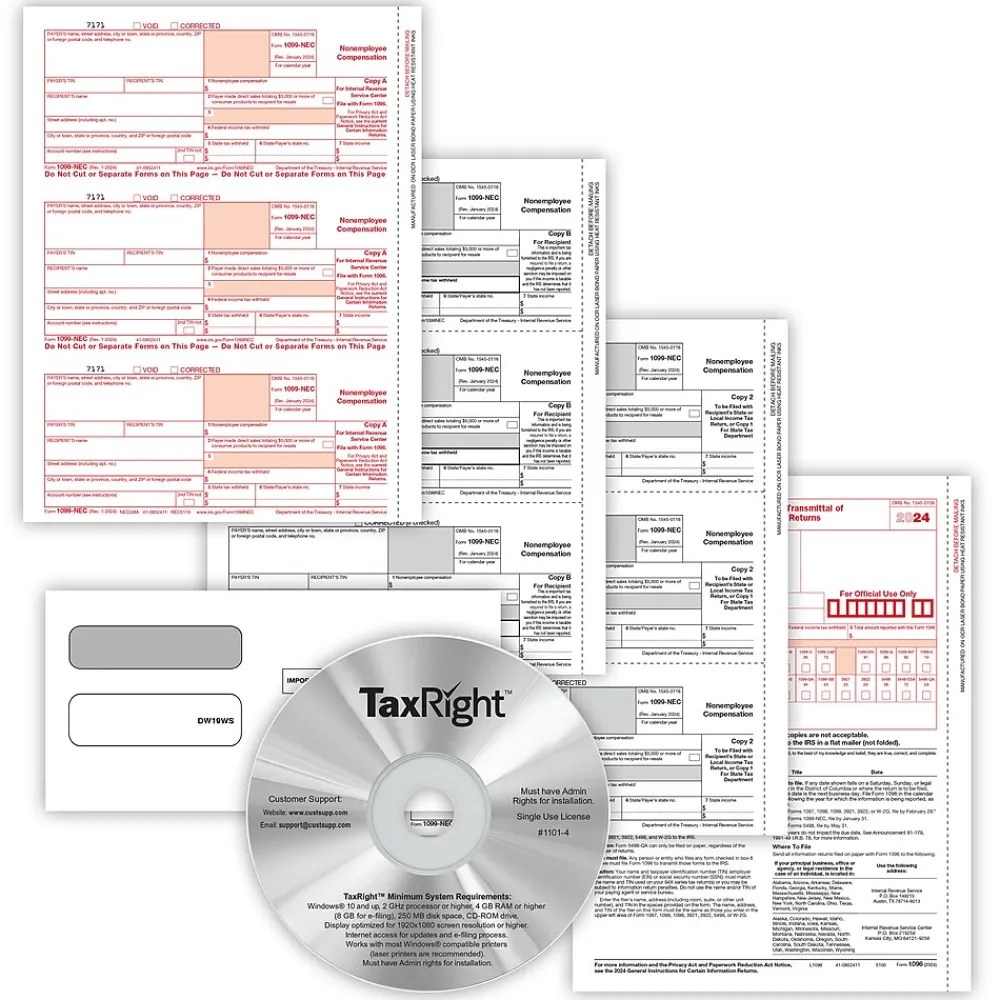Tax Forms*ComplyRight TaxRight 2024 1099-NEC Tax Form Tax Forms, Envelopes, TipSheet & Software, 4-Part, 15/Pack (NECSC6103ES15)