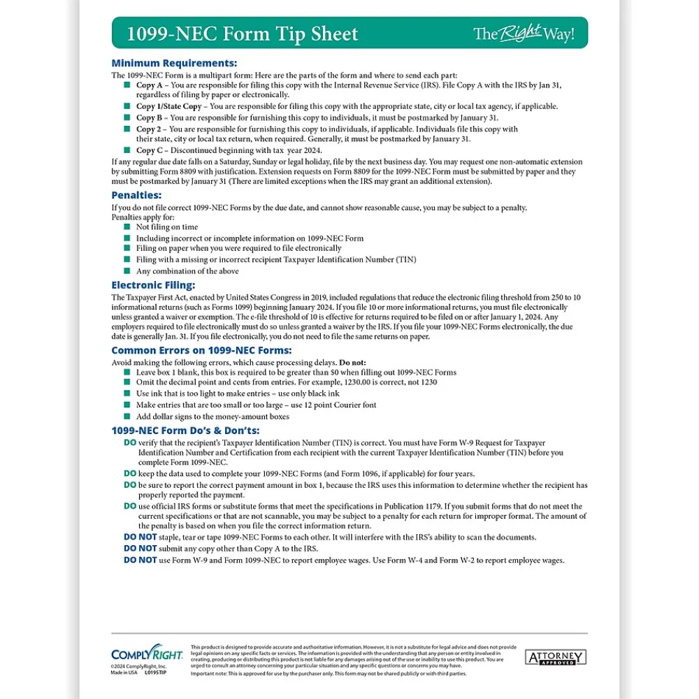 Tax Forms*ComplyRight TaxRight 2024 1099-NEC Tax Form Tax Forms, Envelopes, TipSheet & Software, 4-Part, 15/Pack (NECSC6103ES15)