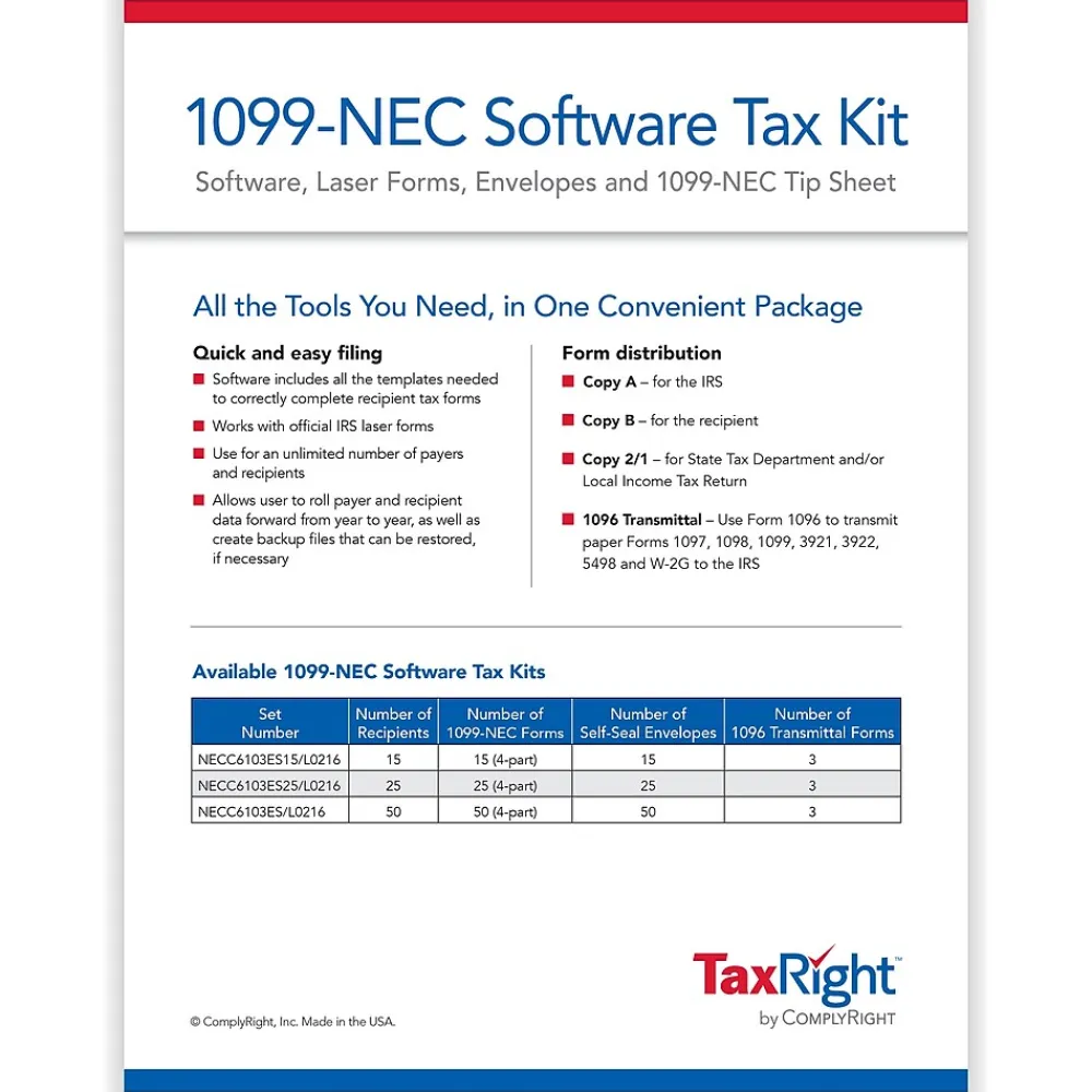 Tax Forms*ComplyRight TaxRight 2024 1099-NEC Tax Form Tax Forms, Envelopes, TipSheet & Software, 4-Part, 50/Pack (NECSC6103ES)