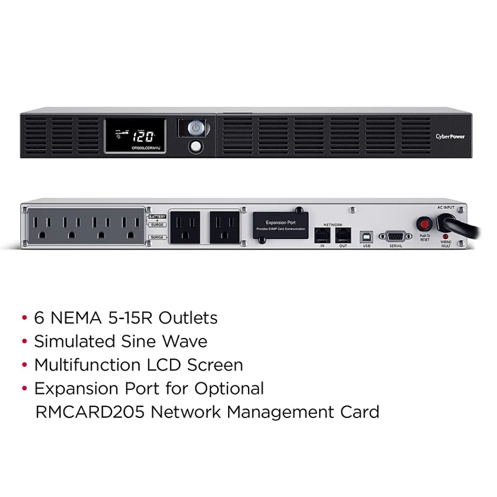 CyberPower Smart App LCD 500VA UPS, 6-Outlets, Black (OR500LCDRM1U)