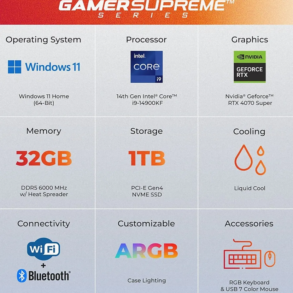 Discount CyberPowerPC Gamer Supreme Gaming Desktop Computer, Intel Core i9-14900KF, 32GB Memory, 1TB SSD (SLC10200CPGV12)