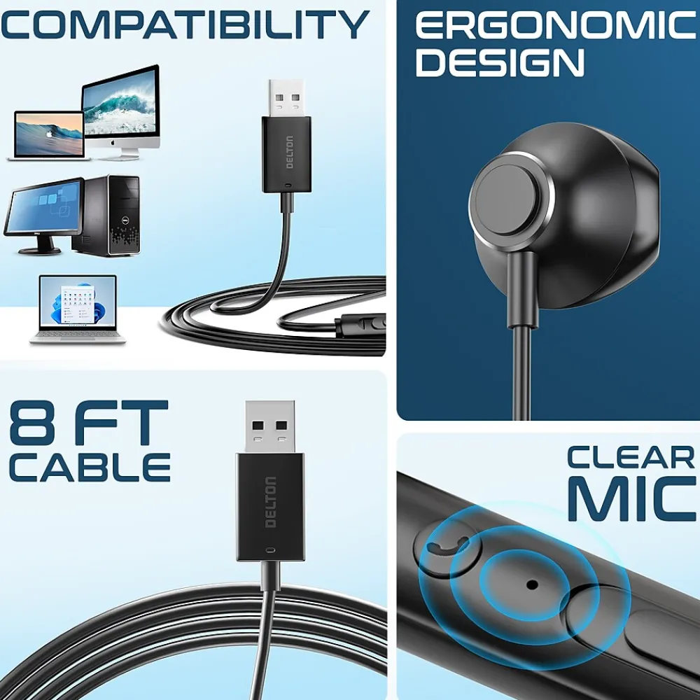 Discount Delton 10E Stereo USB In-Ear Computer Headset with Microphone, Black (DWH10E)