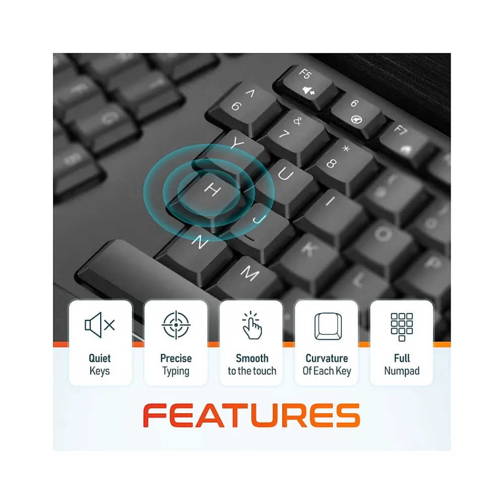 Hot Delton G18 Wireless Ergonomic Computer Keyboard and Optical Mouse Combo, Black (DKMKITERG18-WB)