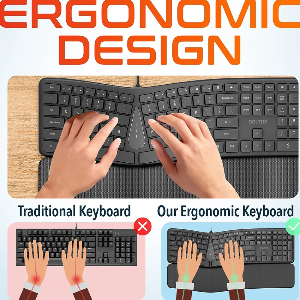 Delton KB250 Ergonomic Keyboard, Black (DKBE250-U)