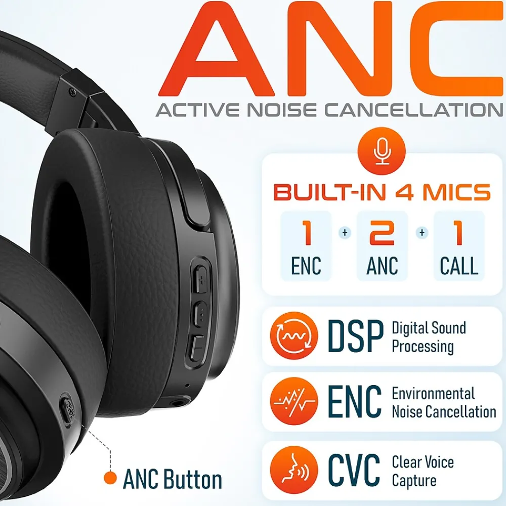 Hot Delton M101 Wireless Active Noise Canceling Bluetooth Stereo Business/Gaming Over-the-Ear Computer Headset, Black (DBHM101D)