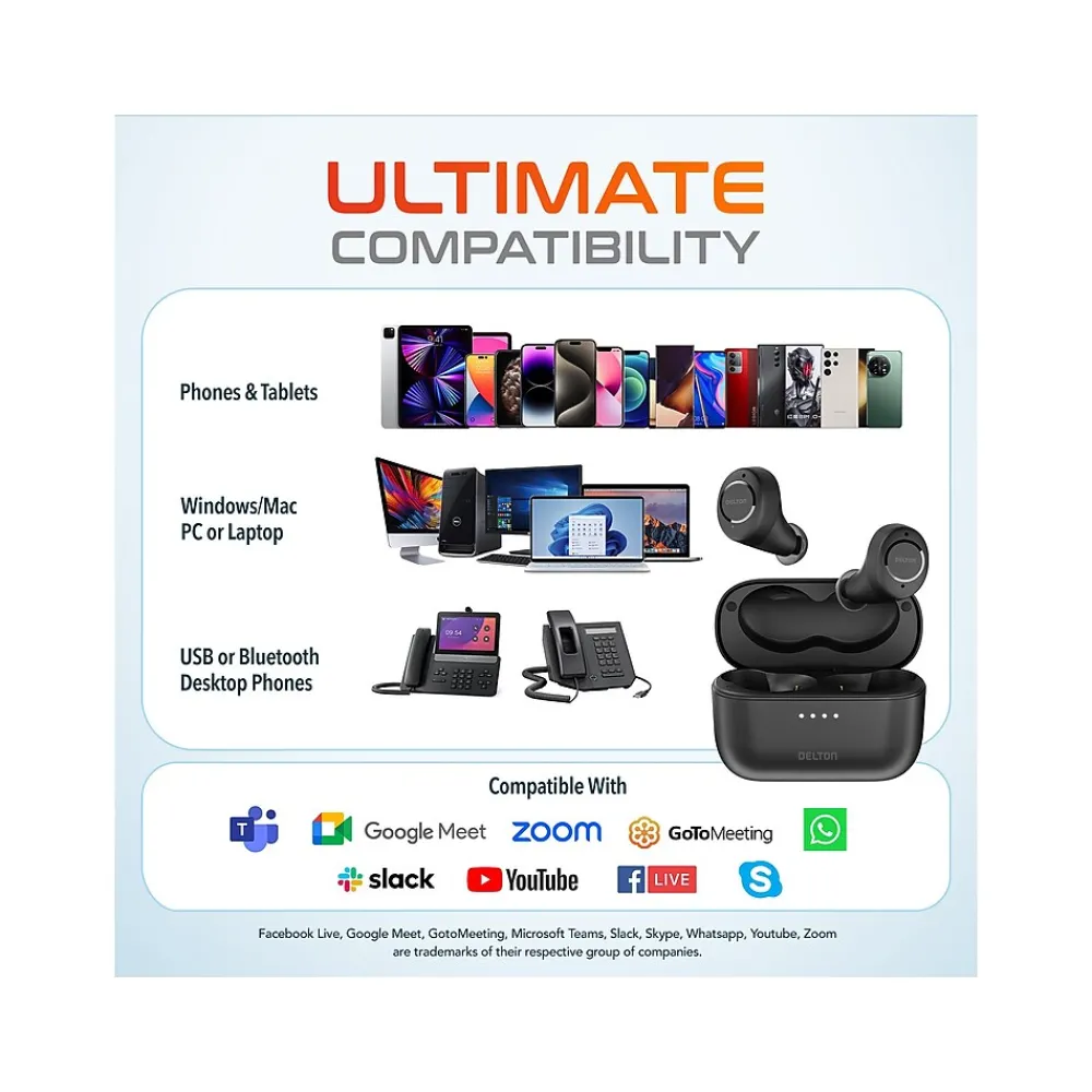 Hot Delton T150 Wireless Active Noise-Canceling Bluetooth Stereo Earbuds with Auto-Pairing USB Dongle, Black (DBHT150)