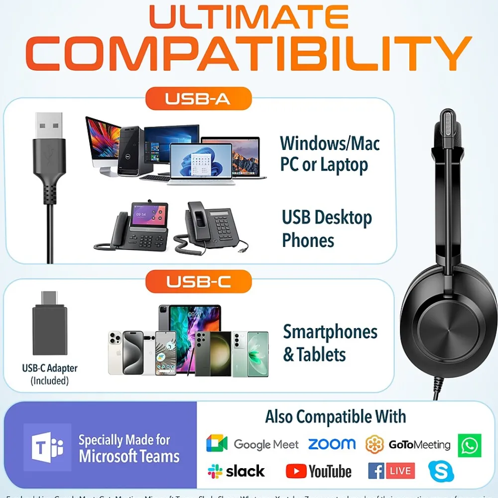 Discount Delton 32Y MS Teams Noise-Canceling On-Ear Computer Headset, USB Type-A & Type C, Black (DWH32Y)