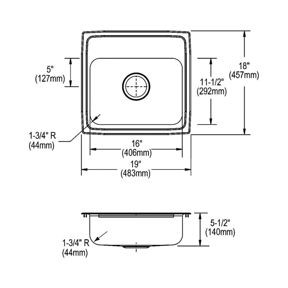 Elkay Lustertone Classic 3-Hole Single-Bowl Drop In Sink, 5.5" x 19" x 18", Stainless Steel, Lustrous Satin (LRAD1918553)