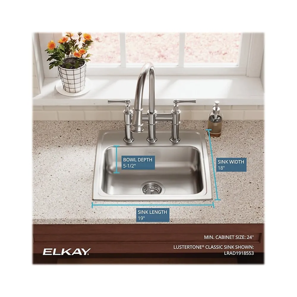 Elkay Lustertone Classic 3-Hole Single-Bowl Drop In Sink, 5.5" x 19" x 18", Stainless Steel, Lustrous Satin (LRAD1918553)