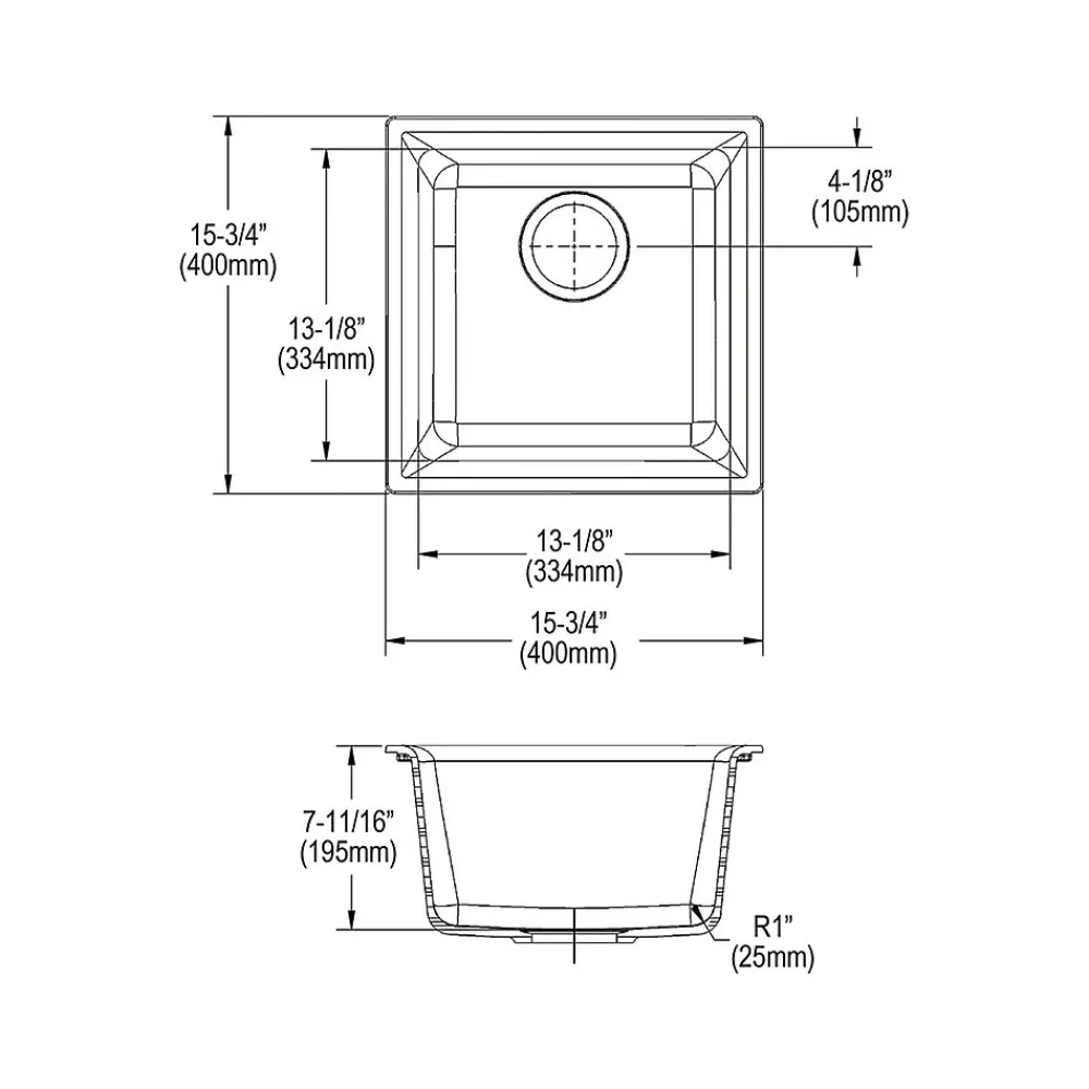 Elkay Quartz Luxe Single-Bowl Drop-In/Undermount Bar Sink, 15.75" x 15.75" x 7.69", Quartz, Caviar (ELX1616CA0)