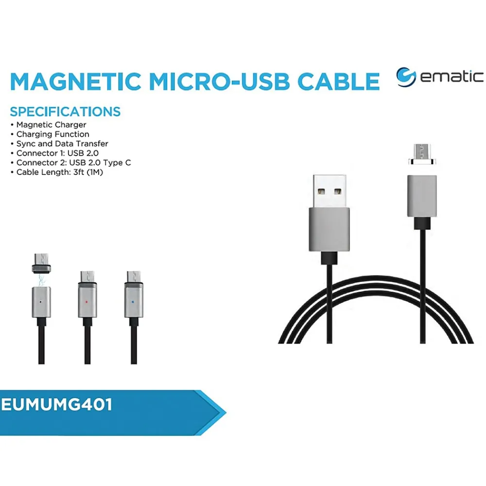 Magnetic Micro USB to USB-A Cable for Android Devices, 3 ft., Black (EUTCMG401)<Ematic Sale