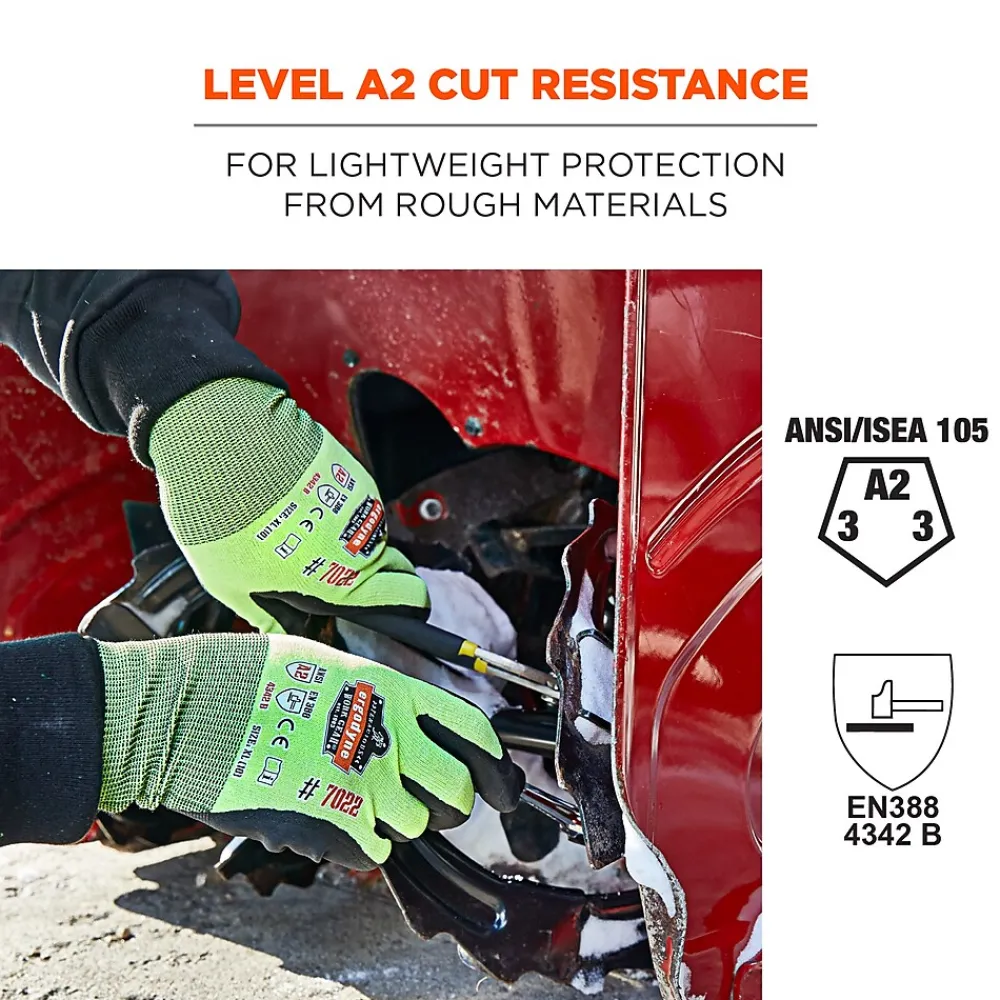 Ergodyne ProFlex 7022 Hi-Vis Nitrile Coated Cut-Resistant Gloves, ANSI A2, Dry Grip, Lime, XL, 144 Pairs (17875)