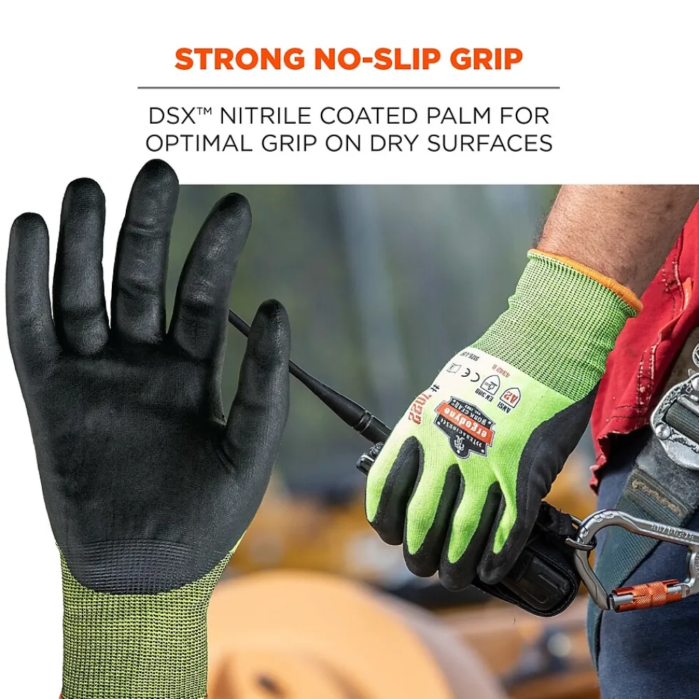 Ergodyne ProFlex 7022 Hi-Vis Nitrile Coated Cut-Resistant Gloves, ANSI A2, Dry Grip, Lime, XL, 144 Pairs (17875)