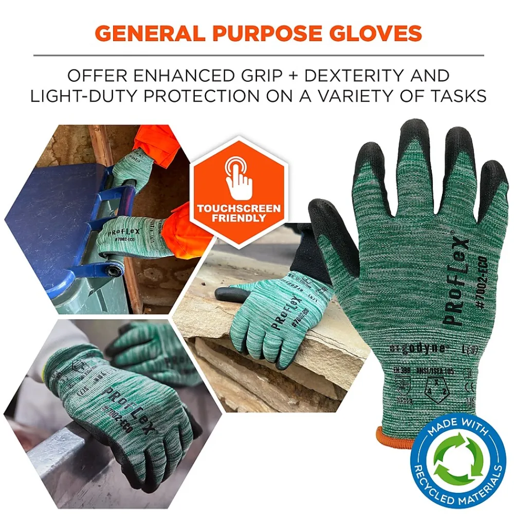Ergodyne ProFlex 7002-ECO Recycled PU Coated Gloves, 15 Gauge, Green, X-Small (10561)