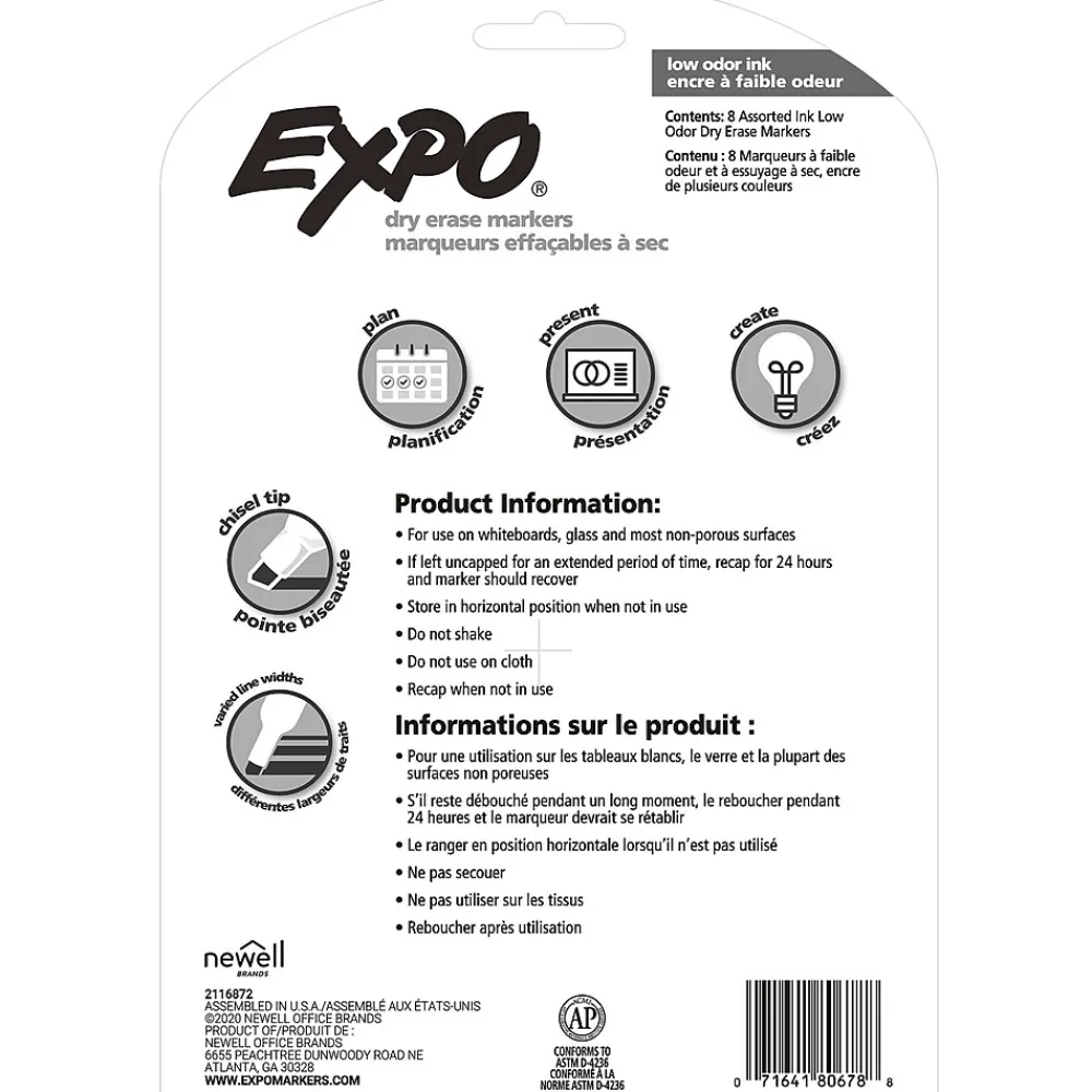 Markers|Expo Dry Erase Markers, Chisel Tip, Assorted, 8/Pack (80678)