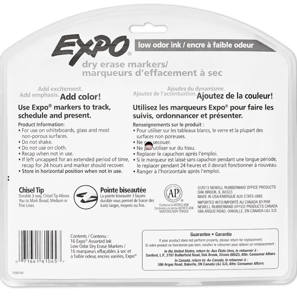 Markers|Expo Low Oder Dry Erase Markers, Chisel Tip, Assorted Inks, 16/Pack (81045)