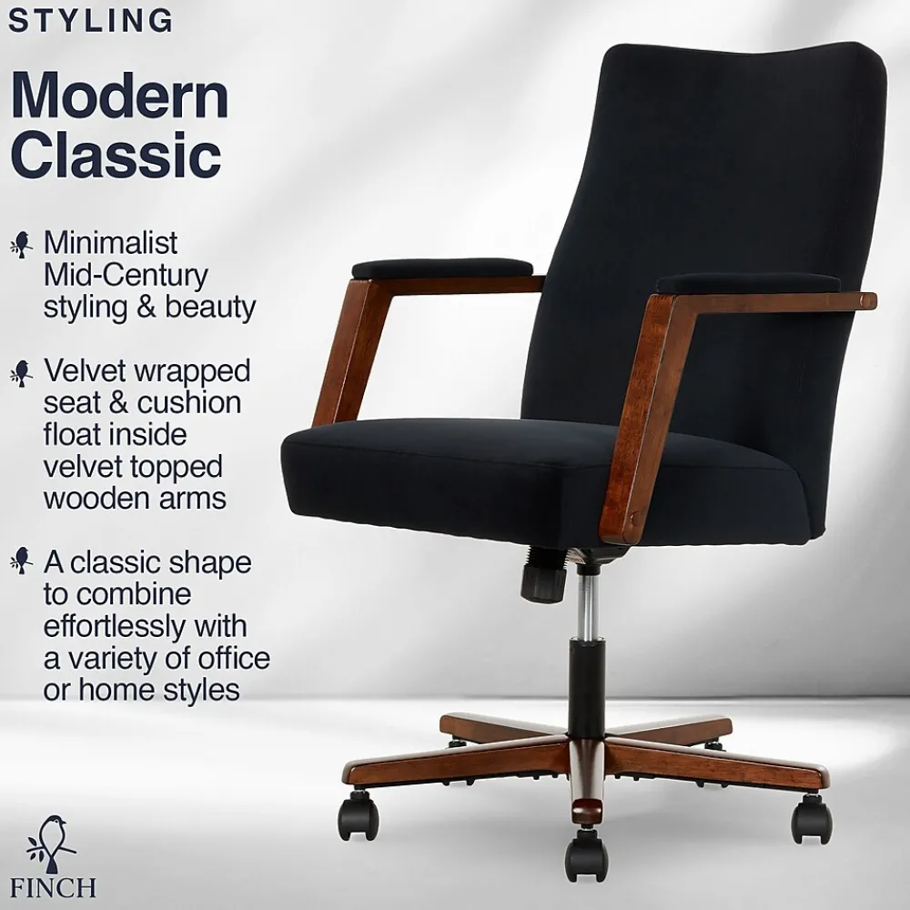 Office Chairs*Finch NEO ONE Ergonomic Velvet Fabric/Wood Swivel Executive Chair, Black (52304-BLK)