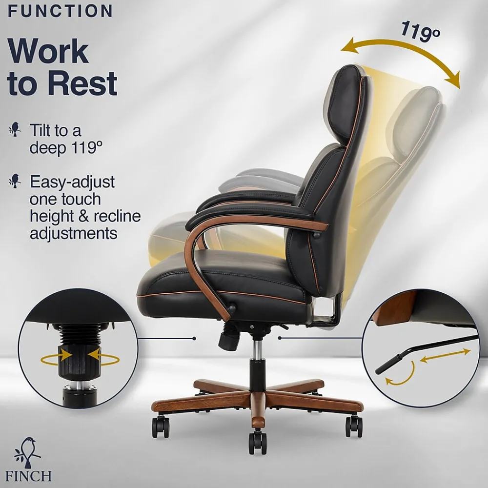 Office Chairs*Finch NEO TWO Ergonomic Vegan Leather/Wood Swivel Executive Chair, Black (52373-BLK)