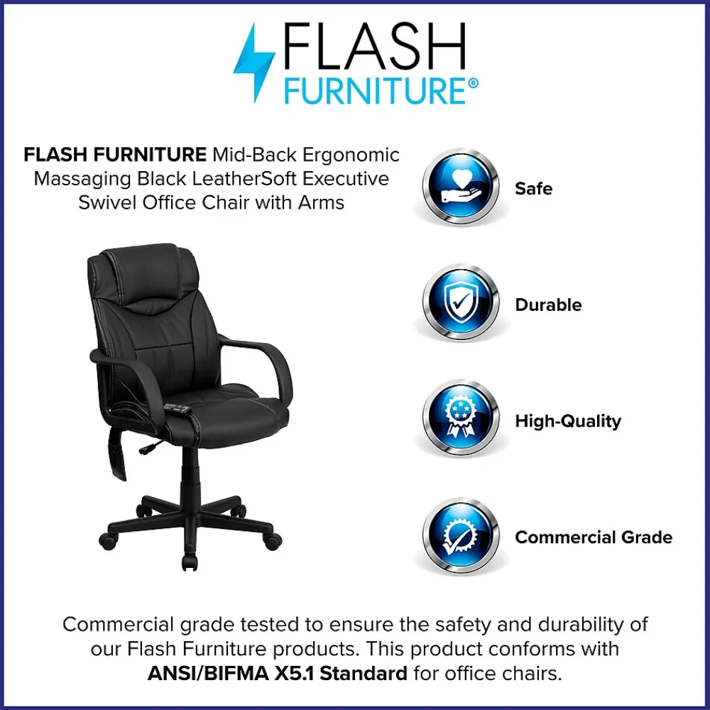 Office Chairs*Flash Furniture Laverne Ergonomic LeatherSoft Swivel Mid-Back Massaging Executive Office Chair, Black (BT2690P)
