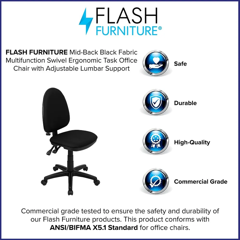 Office Chairs*Flash Furniture Linus Armless Ergonomic Fabric Swivel Mid-Back Multifunction Task Office Chair, Black (WLA654MGBK)