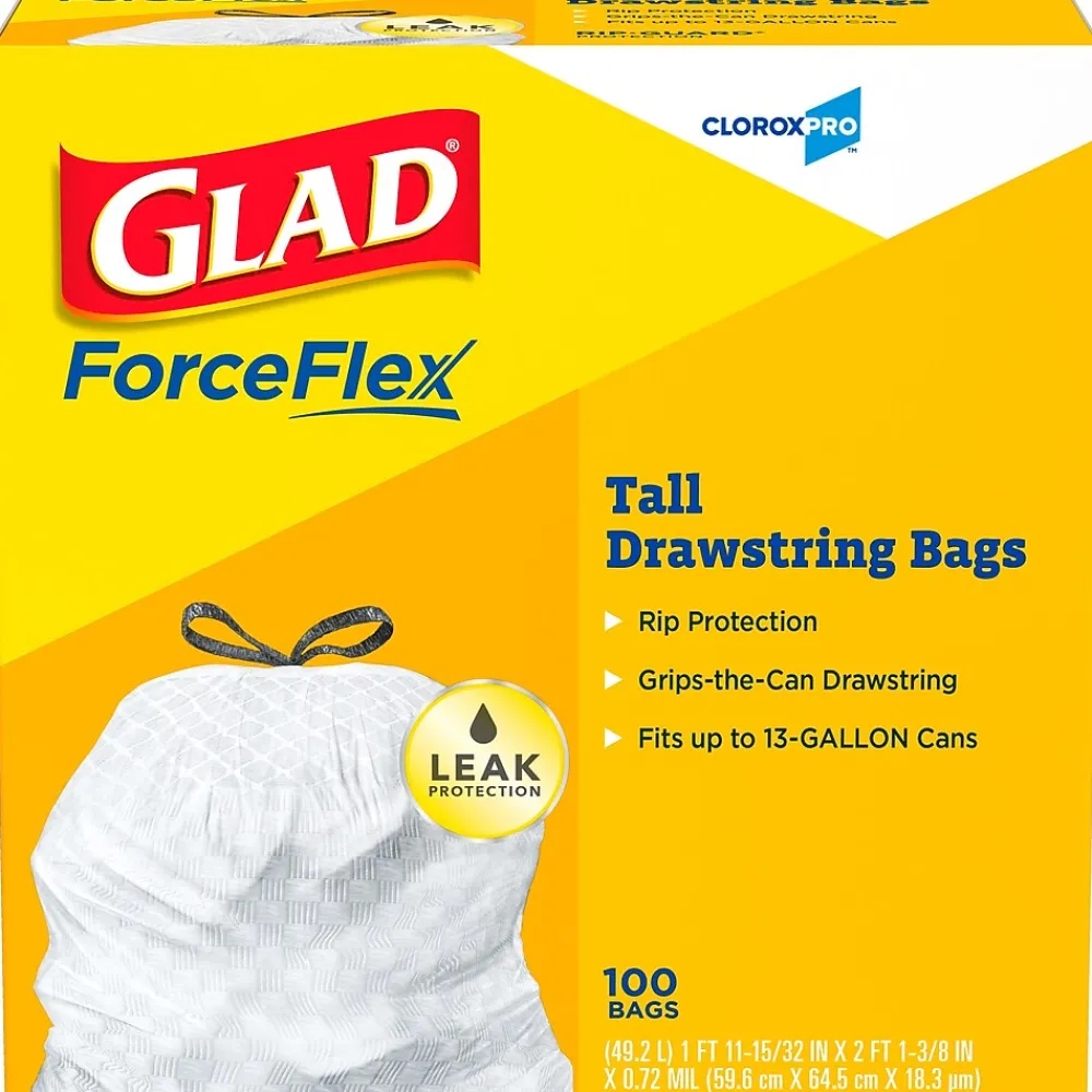 13 Gallon Trash Bag, 8.5"x8.5", Low Density, .72 mil, White, 100 Bags/Box (CLO 78526)<Glad Outlet