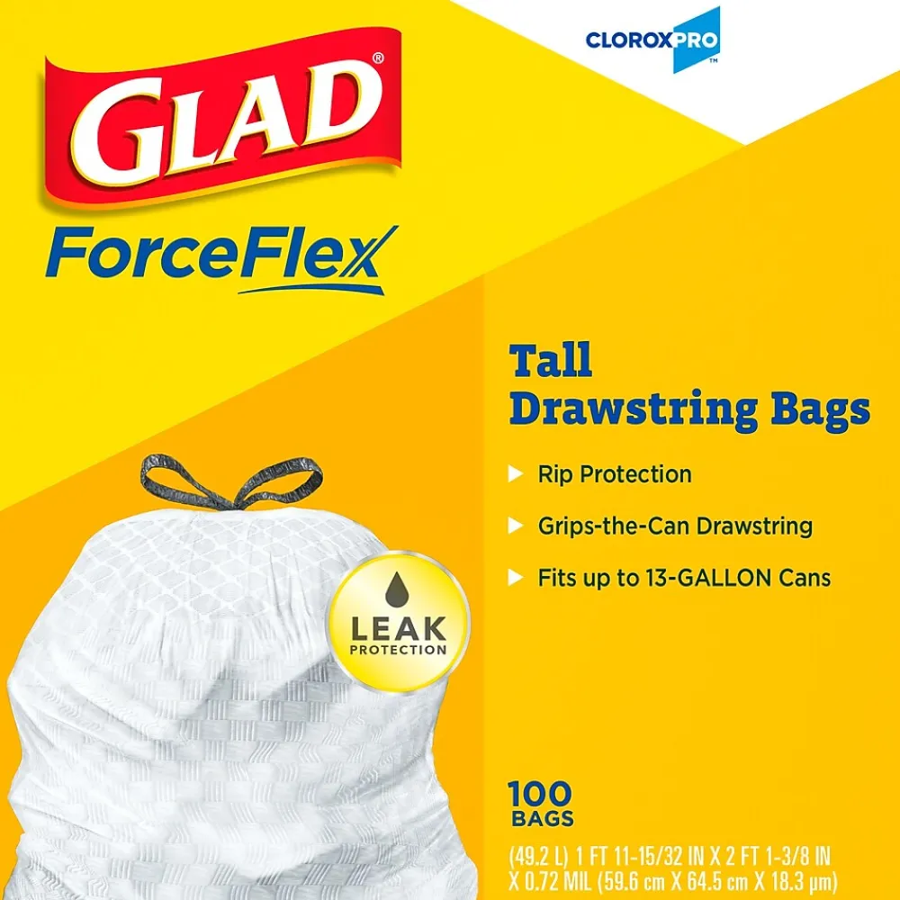 13 Gallon Trash Bag, 8.5"x8.5", Low Density, .72 mil, White, 100 Bags/Box (CLO 78526)<Glad Outlet