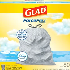 ForceFlex Tall Kitchen Drawstring Trash Bags, 13 Gallon, Fresh Clean scent with Febreze Freshness, 80/Box(78534)<Glad Best