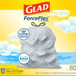 ForceFlex Tall Kitchen Drawstring Trash Bags, 13 Gallon, Fresh Clean scent with Febreze Freshness, 80/Box(78534)<Glad Best