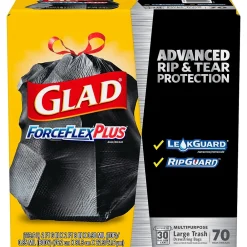 ForceFlexPlus 30 Gallon Trash Bag, 5.31" x 10.06", Low Density, 0.90 mil, Black, 70/Box (70358)<Glad Hot